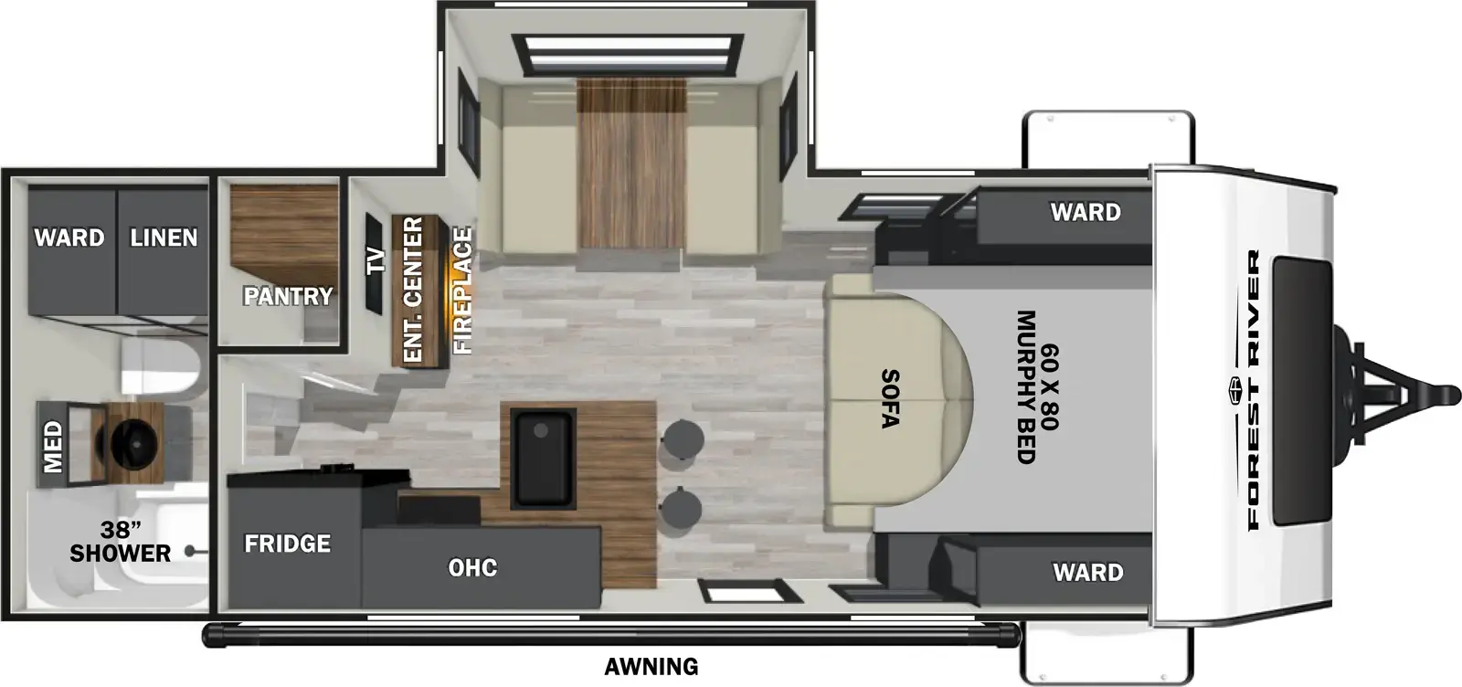 The 20MDS has one slideout and one entry. Exterior features include an awning. Interior layout front to back: murphy bed sofa with wardrobes on each side; off-door side slideout with dinette, and front-facing entertainment center with fireplace below; door side entry and peninsula kitchen counter with barstools and sink that wrap to door side with overhead cabinet, cooktop, and a refrigerator; off-door side pantry; rear full bathroom with medicine cabinet, wardrobe, and linen closet.